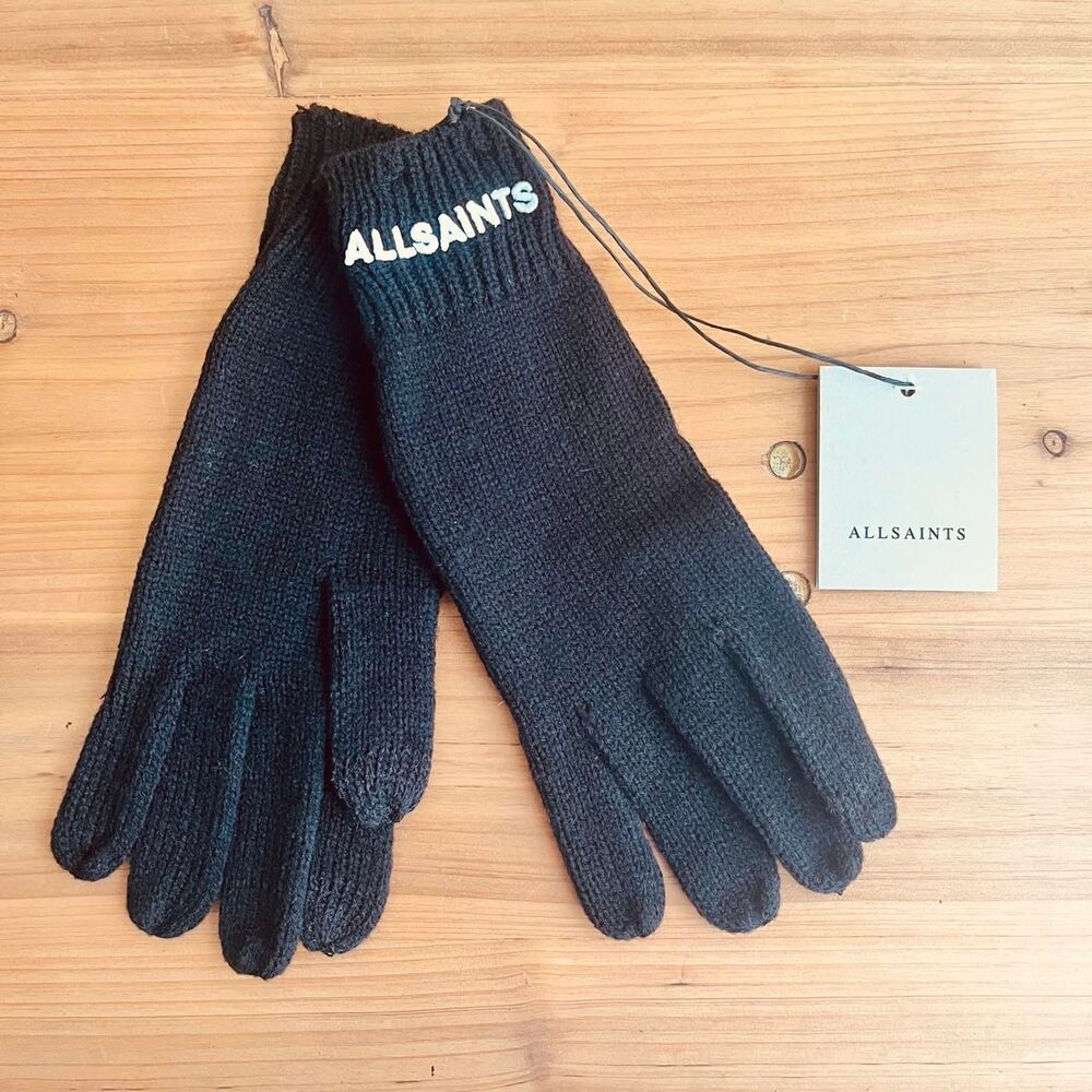AllSaints Gloves Women's New Black Knit Winter Neutral Classic Wool Blend NWT
